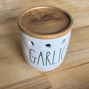 Rae Dunn Cream Garlic Keeper with Wooden Lid